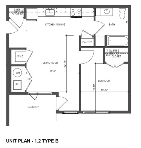 Floor plan for 1 bed, 1 bath, 600 sqft